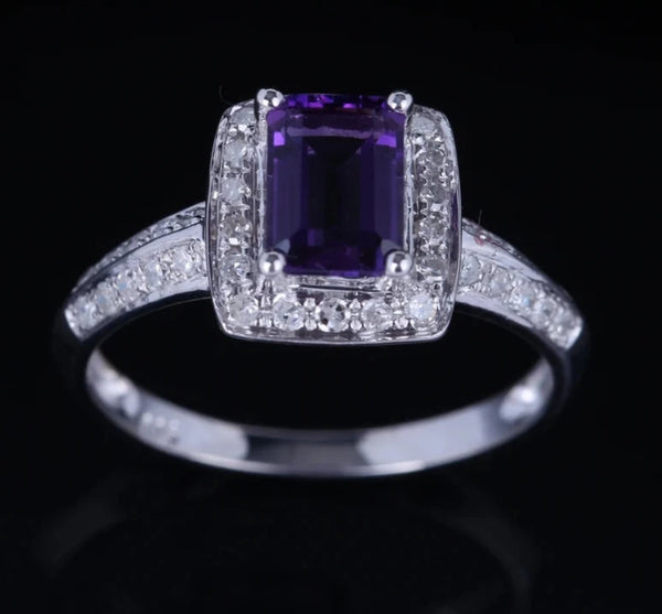 10K White Gold Amethyst 0.99ctw Diamond Ring for Women