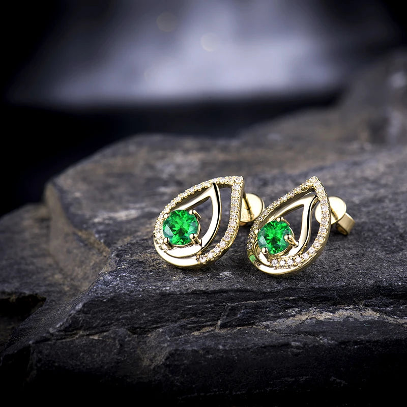 14K Yellow Gold Tsavorite Diamond Stud Earrings for Women