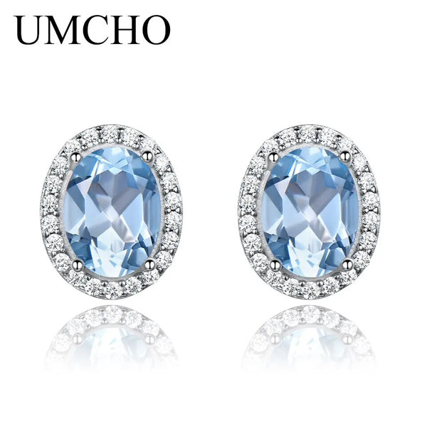 Sterling Silver Oval Sky Blue Topaz Stud Earrings for Women