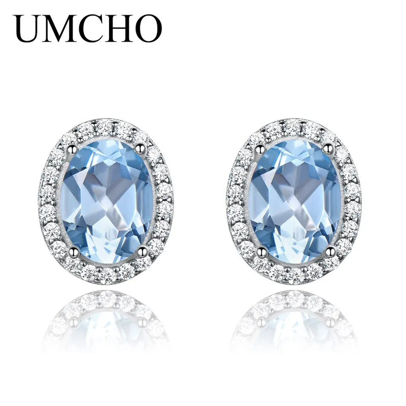 Sterling Silver Oval Sky Blue Topaz Stud Earrings for Women