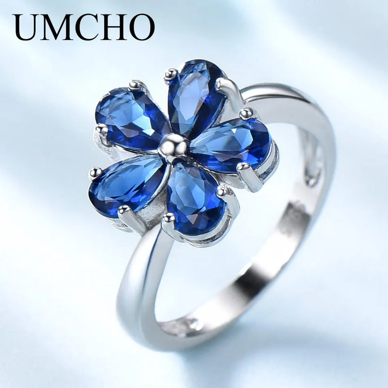 925 Sterling Silver Blue Sapphire Flower Ring for Women