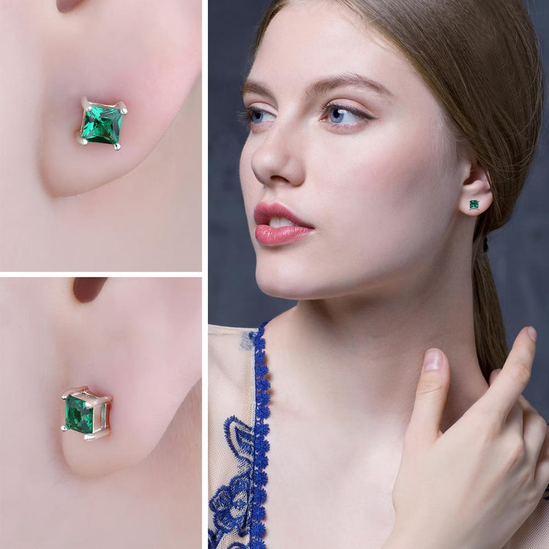 Sterling Silver Simulated Nano Green Emerald Stud Earrings for Women.