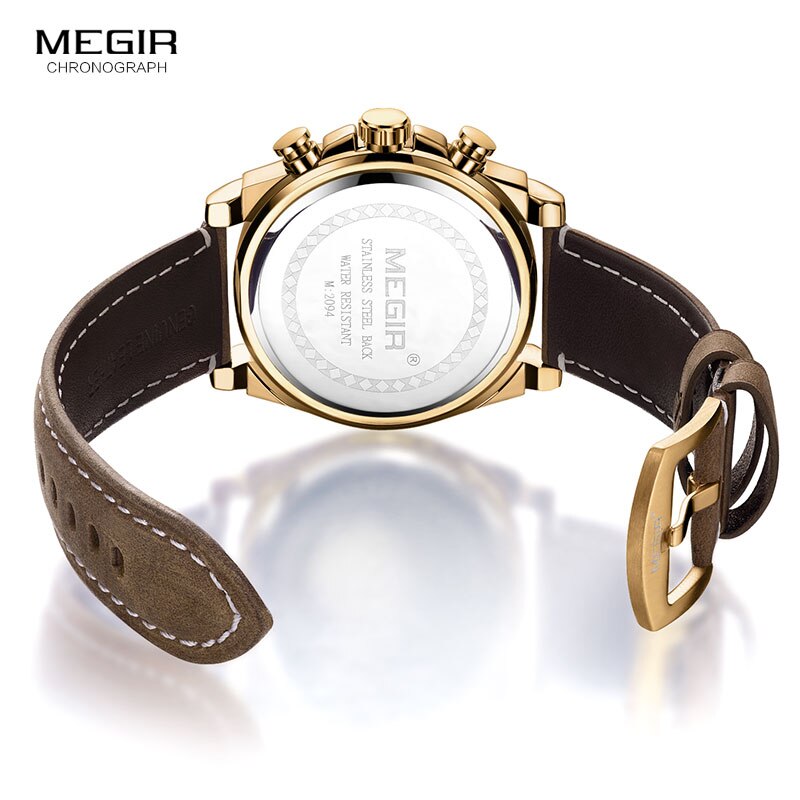 Gold Leather Strap Quartz Chronograph Watch for Men