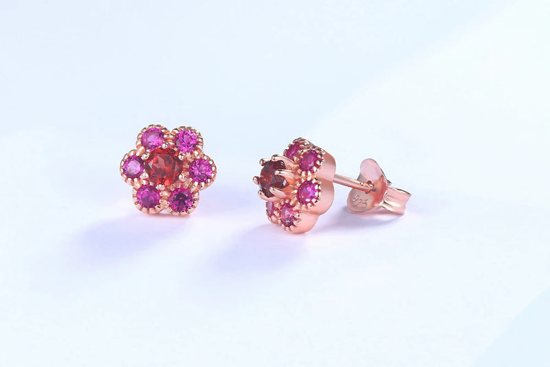 Rose Gold 925 Sterling Silver Natural Red Garnet Flower Earrings for Women