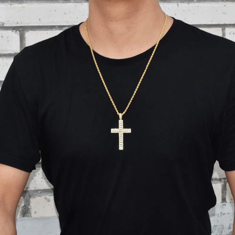 Gold Color Copper Bubble Letter Cross Pendant Necklace with Bling Zircon, for Men and Women