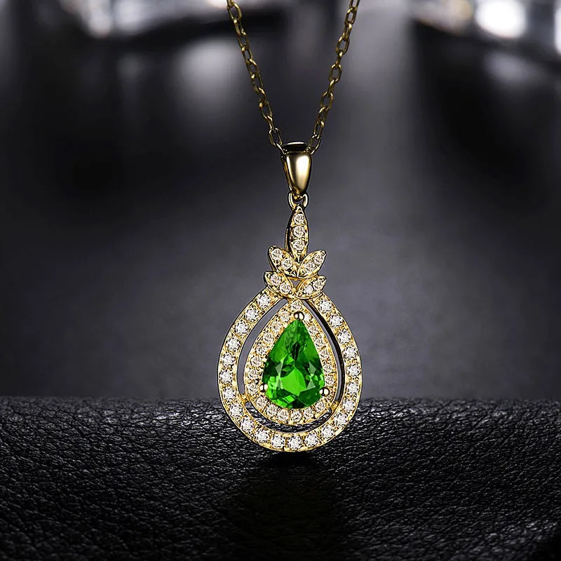 14K Yellow Gold Tsavorite Pendant with Diamonds Necklace for Women