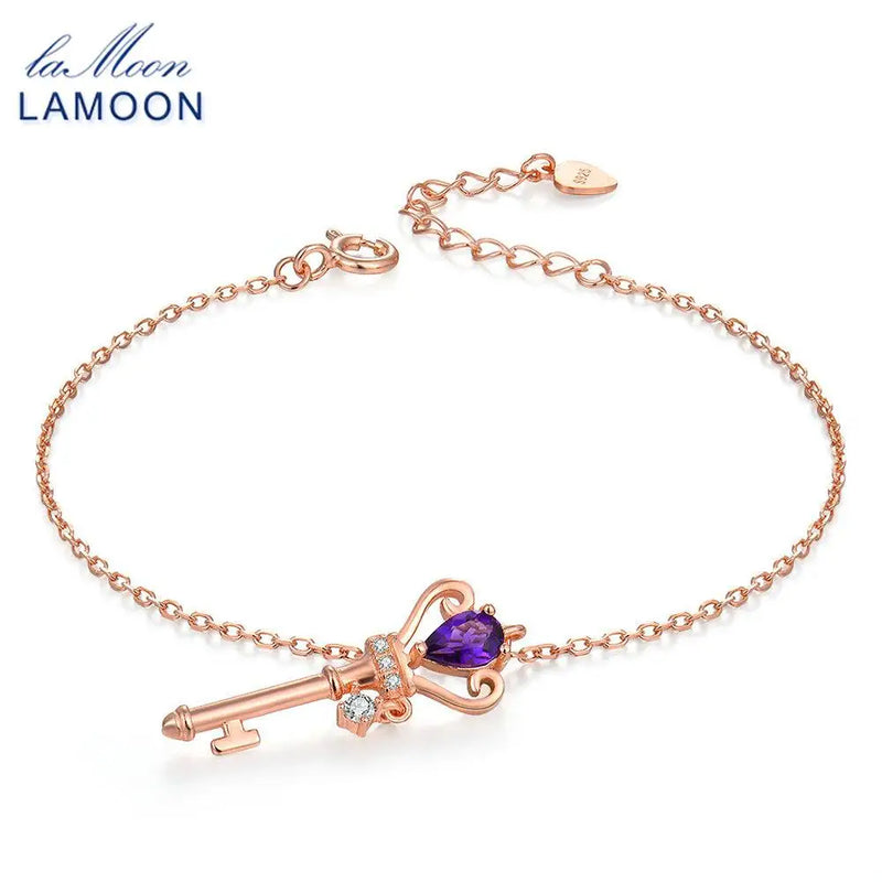 925 Sterling Silver Rose Gold Plated Teardrop Amethyst Charm Bracelet for Women