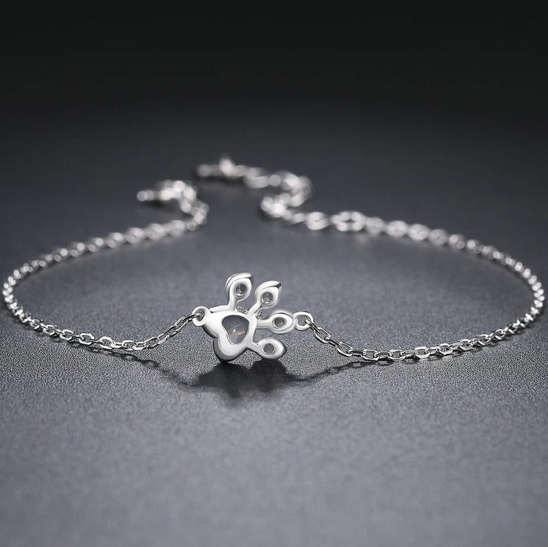 925 Sterling Silver Paw Print Charm Bracelet with Clear Quartz for Women.