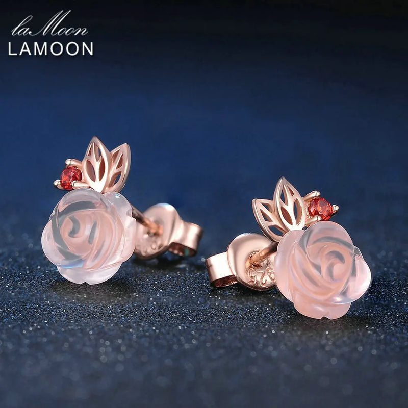 Sterling Silver Natural Rose Quartz Rose Flower Stud Earrings for Women