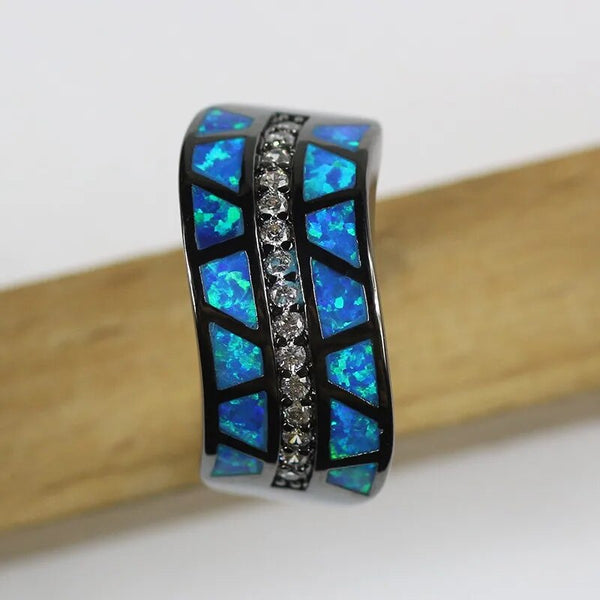 Silver Black Gun Plated Blue Opal Cocktail Ring for Women