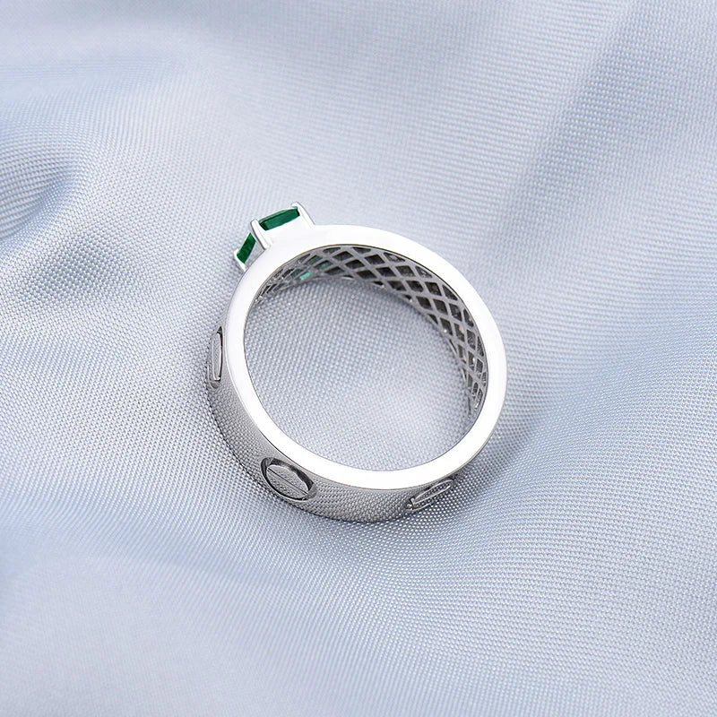 Solid 14K White Gold Green Colombian Emerald Diamond Ring for Men