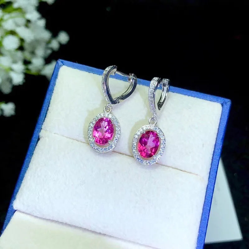 925 Silver Pink Topaz Earrings, Simple Style, Classic Atmosphere