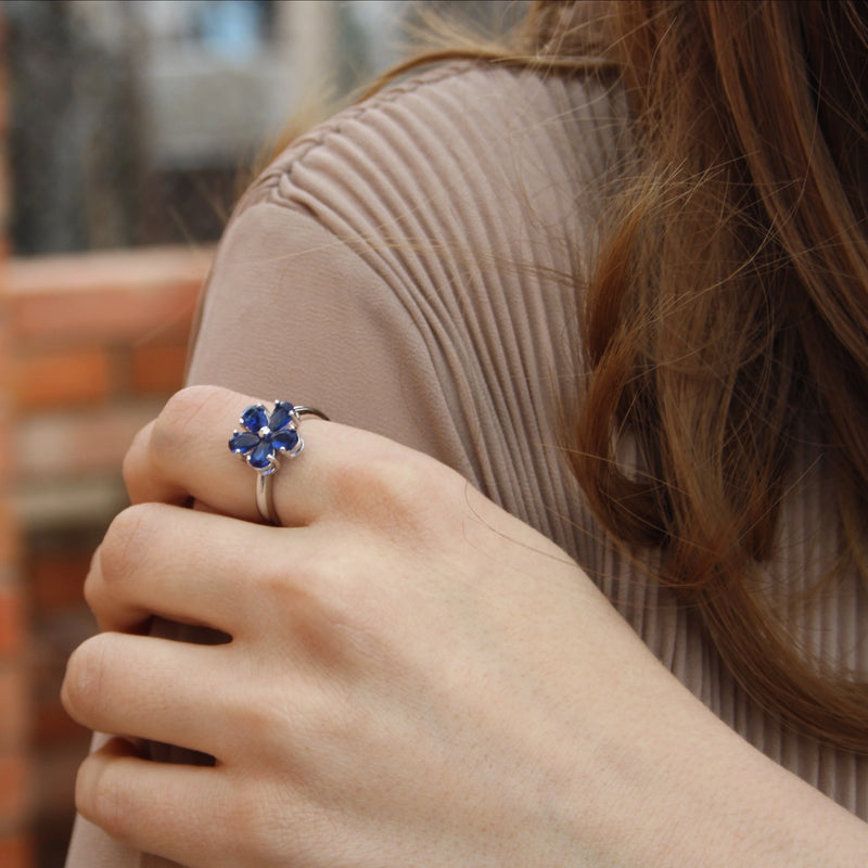 925 Sterling Silver Blue Sapphire Flower Ring for Women