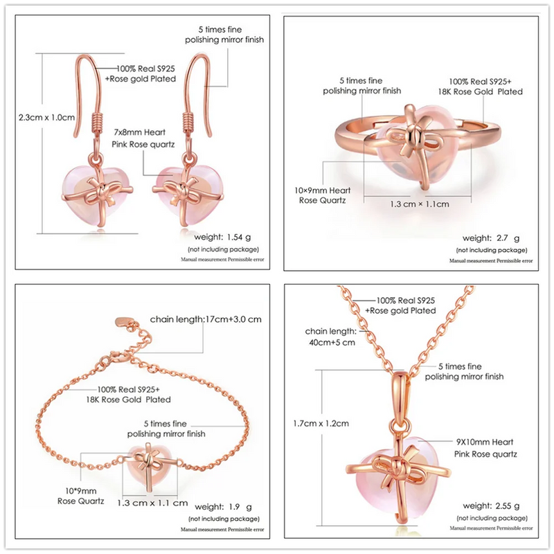 925 Sterling Silver Rose Gold Vermeil Rose Quartz Jewelry Set For Women