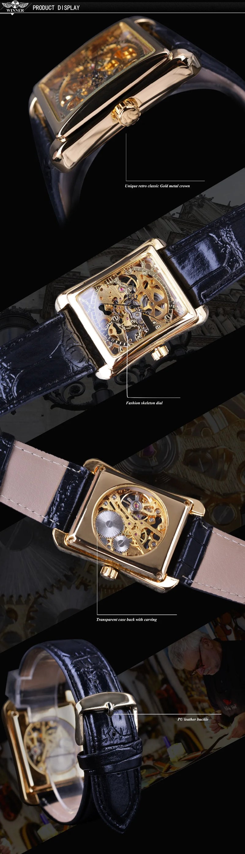 Golden Rectangle Dial Hollow Skeleton Mechanical Watch for Men