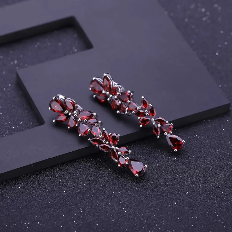 925 Sterling Silver Natural Garnet Leaves Branches Earrings for Women