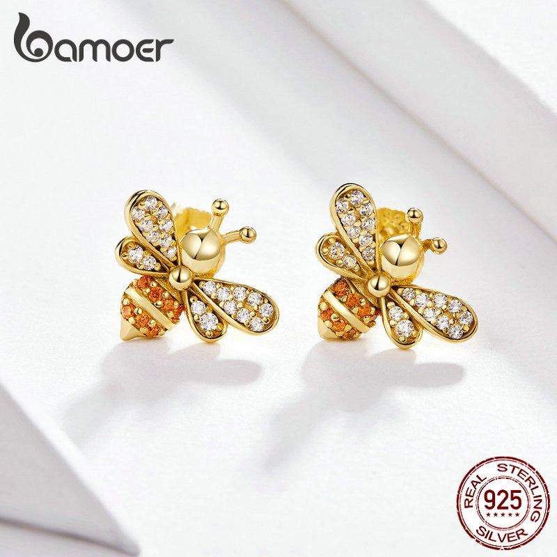 Sterling Silver Clear CZ Bee Stud Earrings for Women