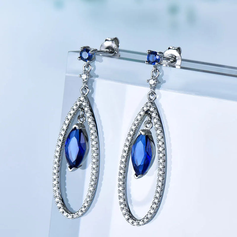 Sterling Silver Blue Sapphire Pendant and Drop Earrings Set for Women