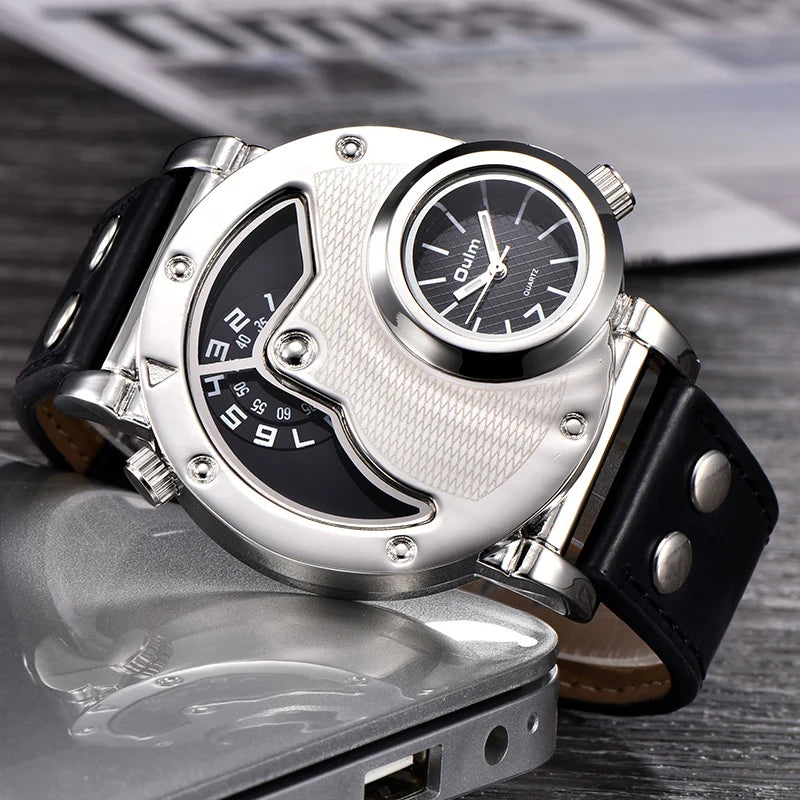 Unique Design Multiple Time Zone Leather Strap Wristwatch for Men