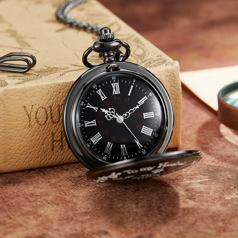 Stainless Steel Laser Engraved Pocket Watch with Chain for Men