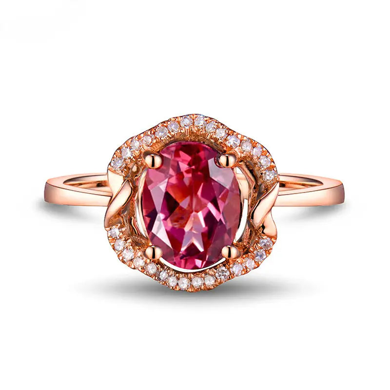 18k Rose Gold Pink Diamond Tourmaline Oval Cut Ring for Women