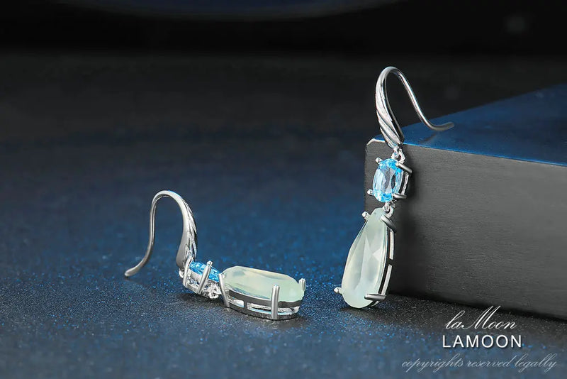 Sterling Silver Prehnite and Blue Topaz TearDrop Earrings for Women