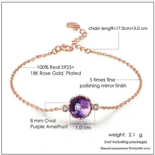 925 Sterling Silver Rose Gold Vermeil Purple Amethyst Bracelet for Women