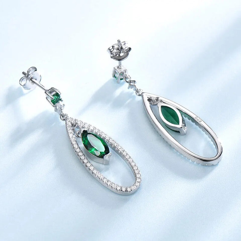 Solid Silver 925 Created Nano Emerald Marquise Drop Earrings for Women