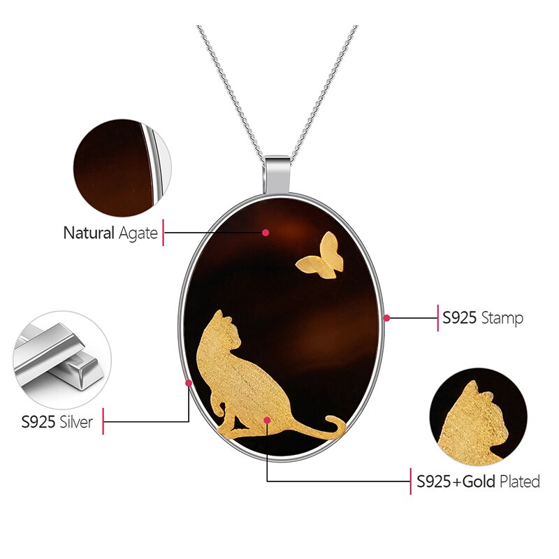 925 Sterling Silver Natural Agate Cat and Butterfly Pendant for Women