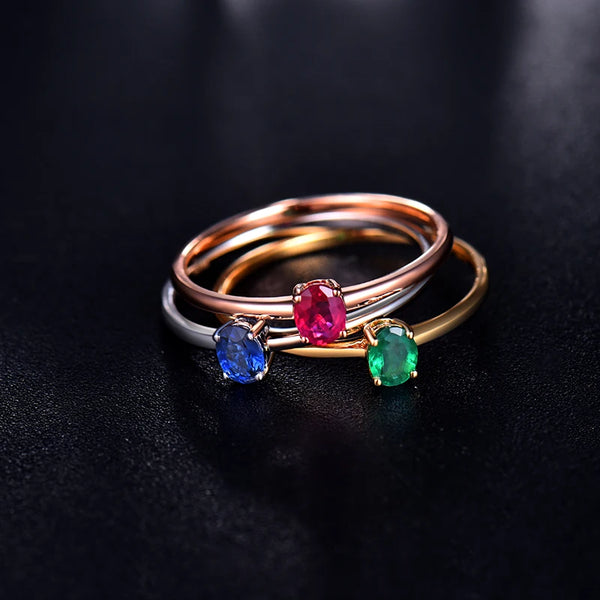 18K White Gold Oval Green Emerald Blue Sapphire Red Ruby Engagement Ring for Women