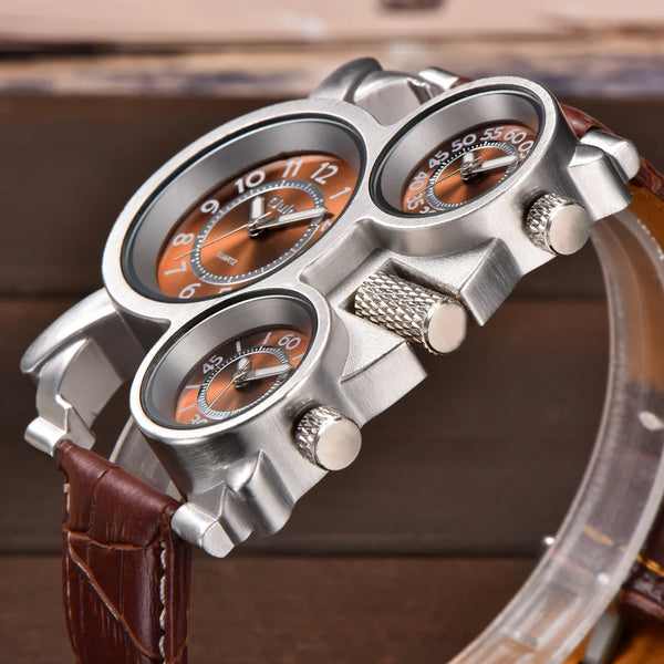 Luxury Fashion Brown Quartz Watch with Three Small Dials & Leather Strap for Men