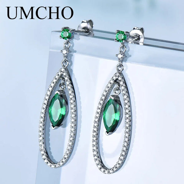 Solid Silver 925 Created Nano Emerald Marquise Drop Earrings for Women