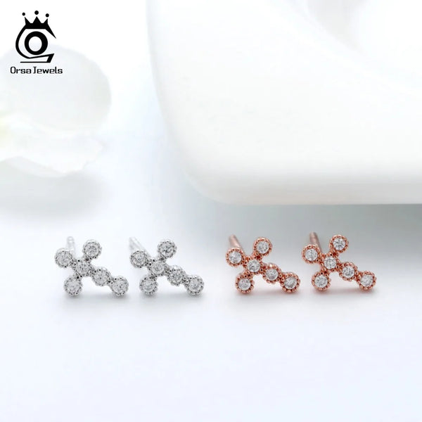 Sterling Silver Cross Stud Earrings with Zircon, Rose Gold for Women