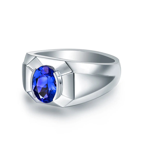 14K White Gold Blue Tanzanite Mens Wedding Ring