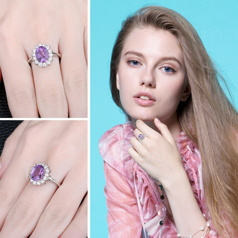 925 Sterling Silver Amethyst Halo Ring for Woman