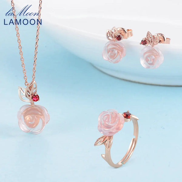 Sterling Silver Rose Quartz Flower Rose Jewelry Set for Women