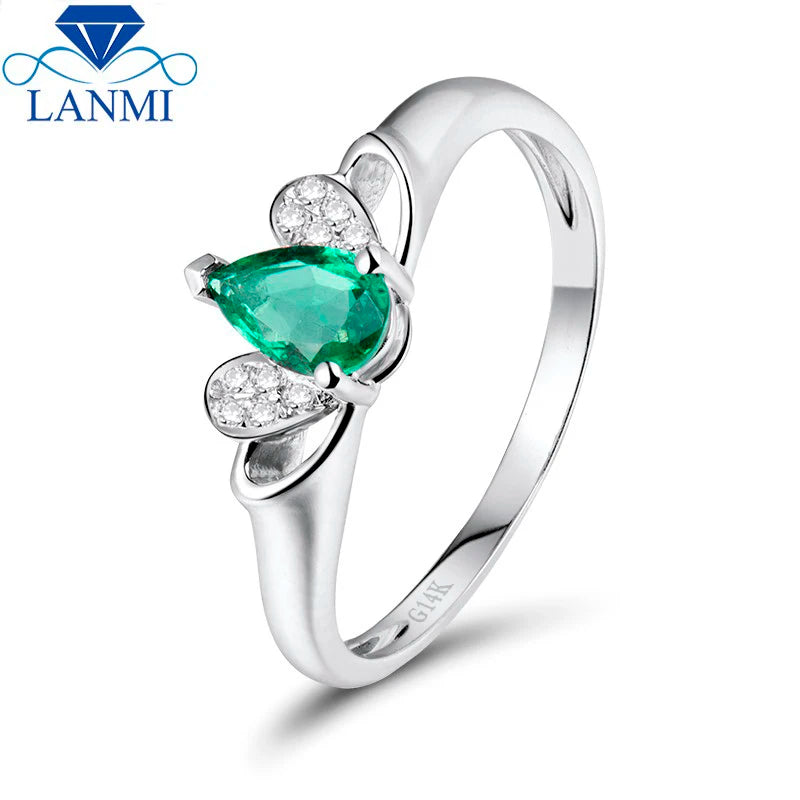 14K White Gold Green Pear Emerald Diamonds Ring for Women