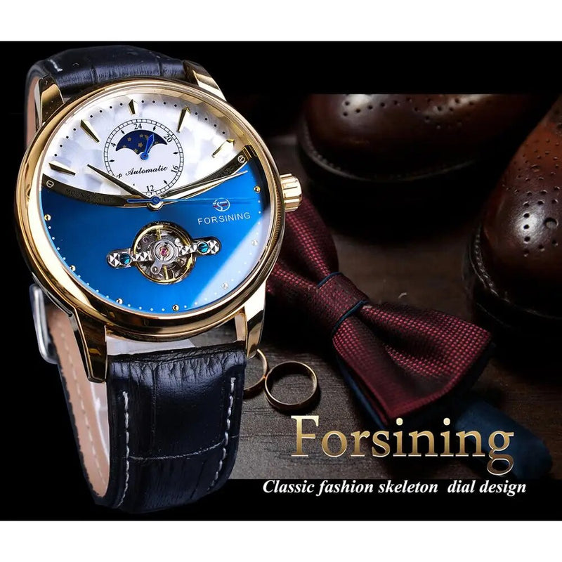 Stainless Steel Classic Moonphase Design Blue Automatic Watch for Men