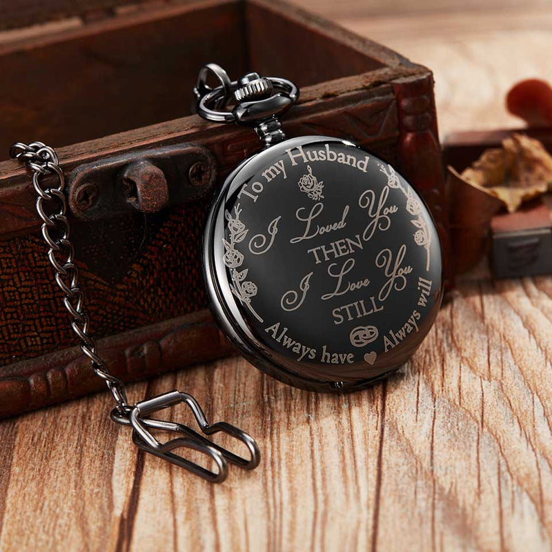 Stainless Steel Laser Engraved Pocket Watch with Chain for Men