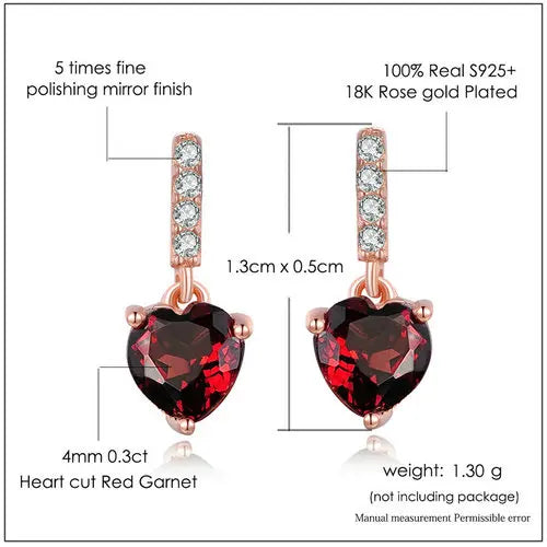 925 Sterling Silver Heart Garnet Earrings for Women