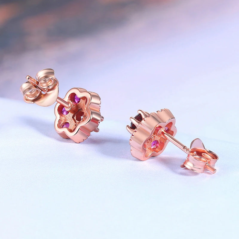 Rose Gold 925 Sterling Silver Natural Red Garnet Flower Earrings for Women