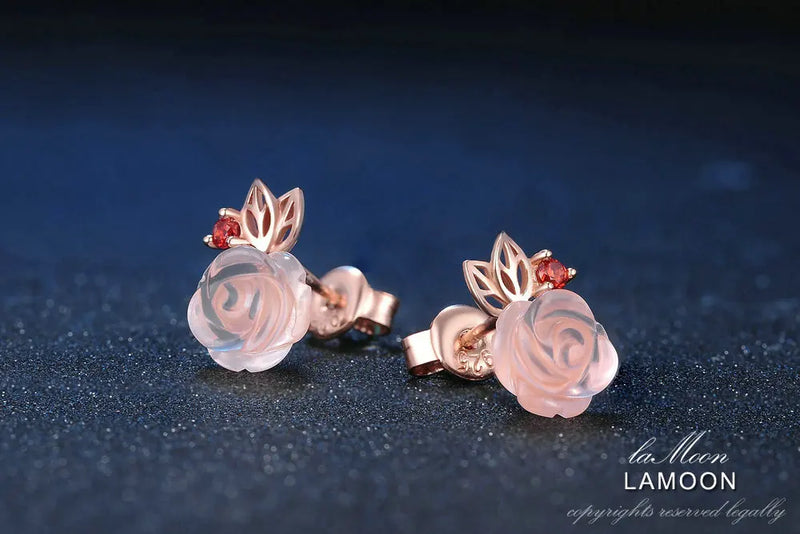 Sterling Silver Natural Rose Quartz Rose Flower Stud Earrings for Women