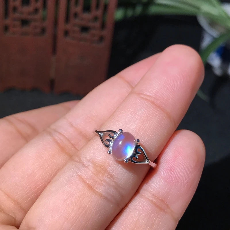 Sterling Silver Moonstone Ring with Intense Blue Light, Simple Design for Lady