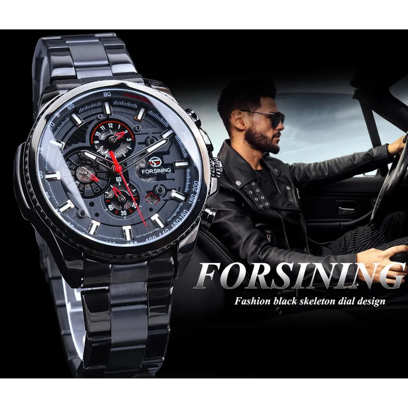 Stainless Steel Three Dial Calendar Mechanical Wrist Watch for Men