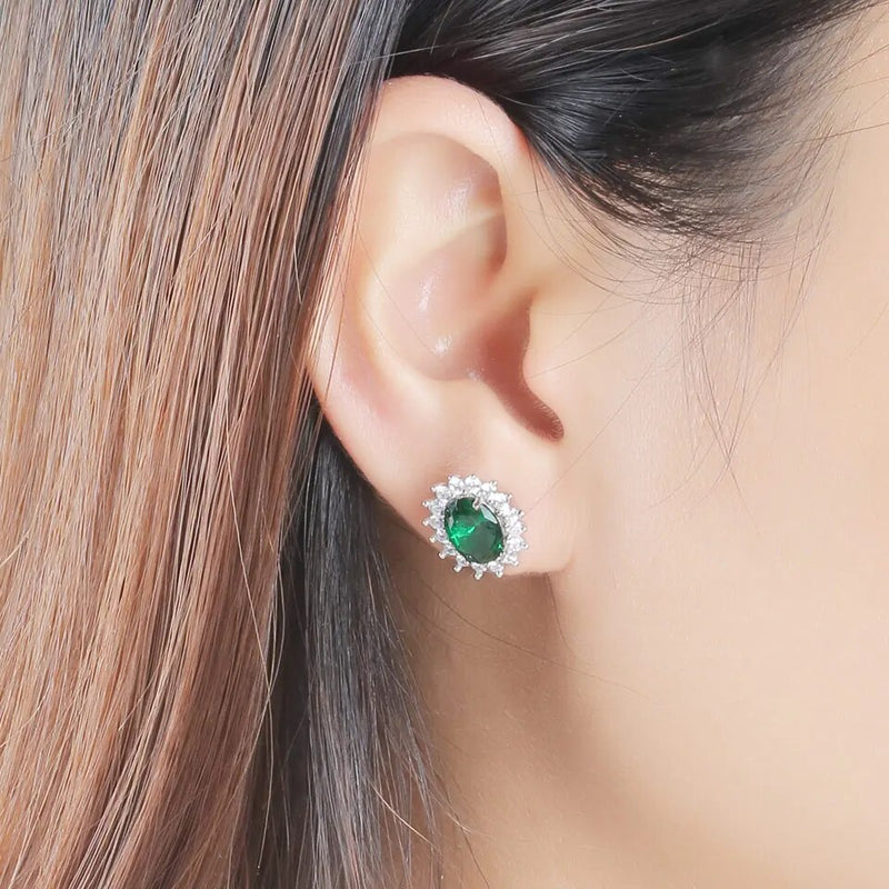 925 Sterling Silver Created Emerald Stud Earrings For Women