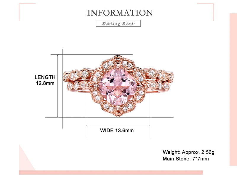 Sterling Silver Nano Morganite Rose Gold Plated Double Rings 7mm for Women