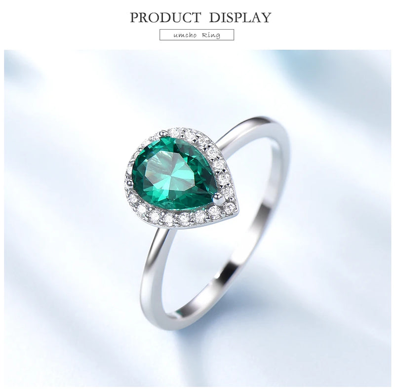 Sterling Silver Green Emerald Gemstone Halo Engagement Ring for Women