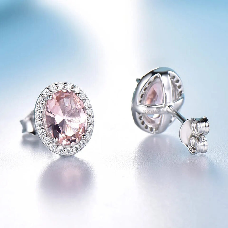 925 Sterling Silver Created Oval Pink Sapphire Stud Earrings for Women