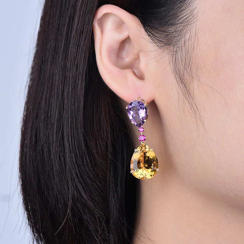 14K Yellow Gold Amethyst and Citrine Pear Drop Earrings for Women