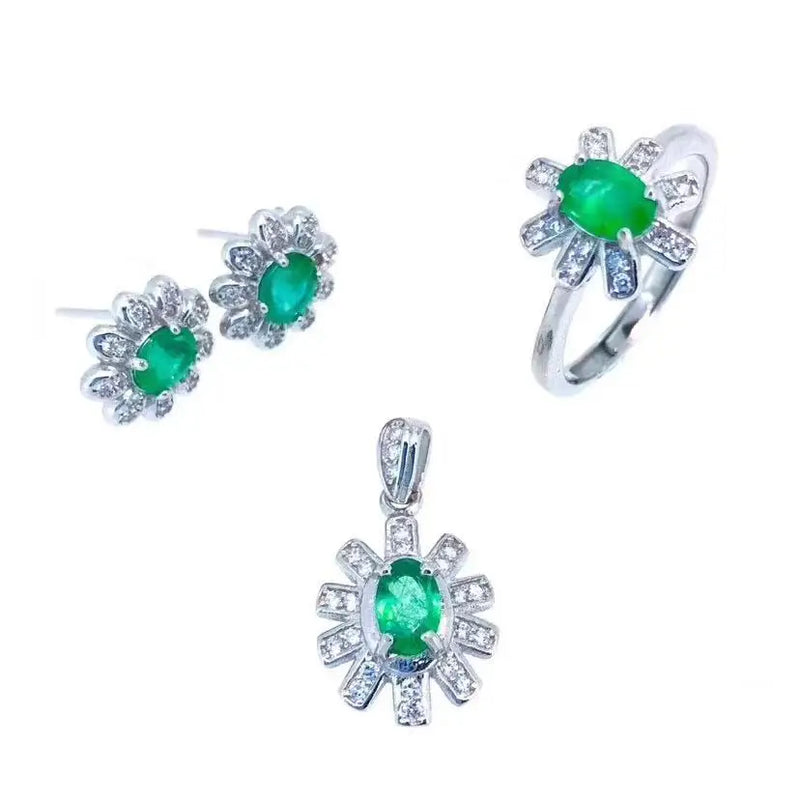 925 Silver Natural Emerald Set Ring Earrings Necklace for Her